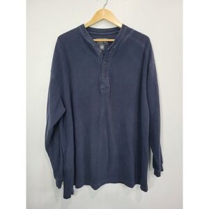 Y2K Mens Outdoor Exchange Long Sleeve Ribbed Henley Shirt XXL Blue Cotton Casual